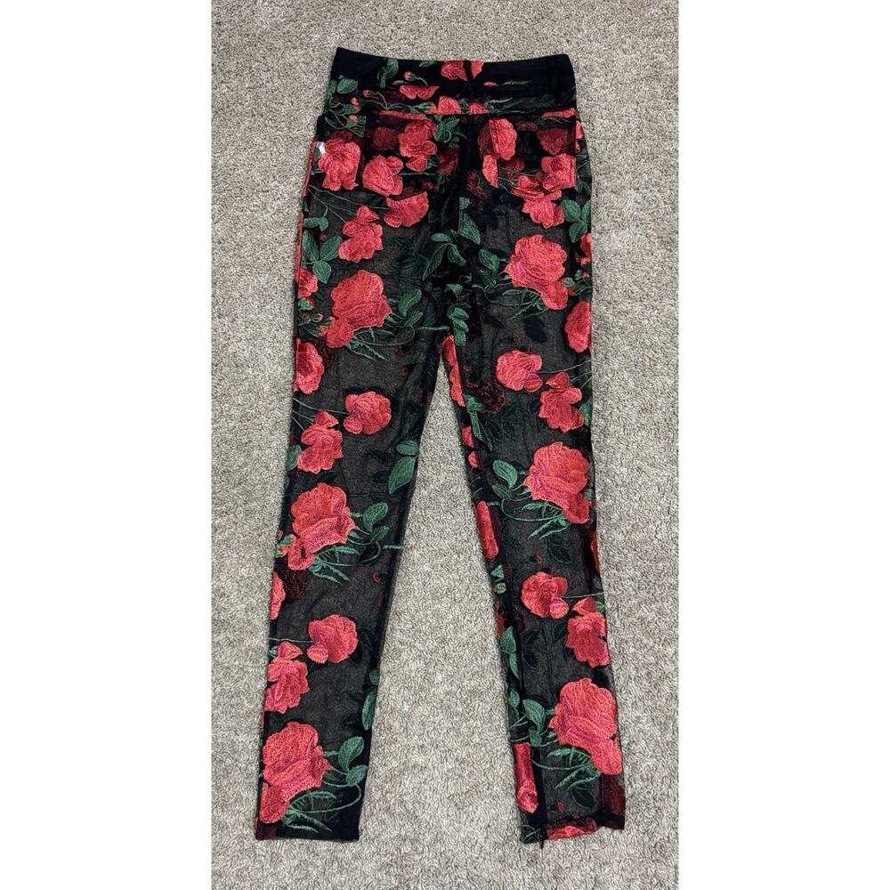 JAGGER & STONE Sheer Red Rose Embroidered Mesh Pants Zip Ankles Floral Size S - Picture 6 of 11